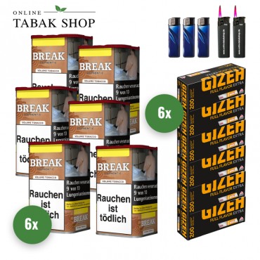 Break Authentic Volumentabak ohne Zusätze (6 x 57g) + 1.200 Gizeh Full Flavor Extra Hülsen + 3 Feuerzeuge + 2 Sturmfeuerzeuge
