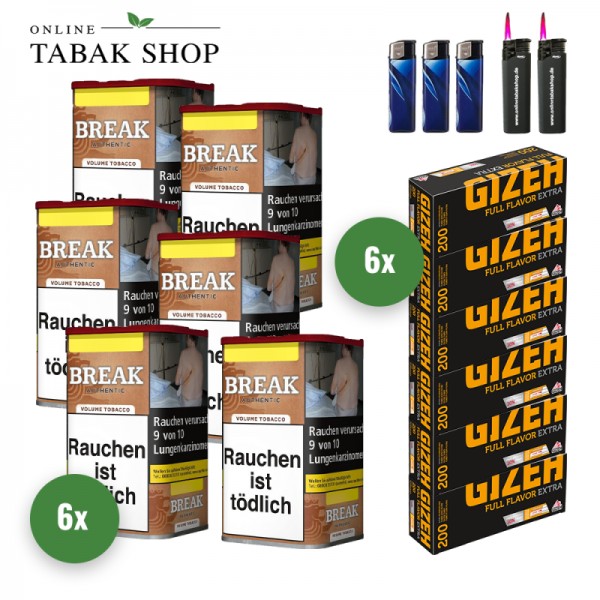 Break Authentic Volumentabak ohne Zusätze (6 x 57g) + 1.200 Gizeh Full Flavor Extra Hülsen + 3 Feuerzeuge + 2 Sturmfeuerzeuge