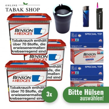 Benson & Hedges Volumentabak Red (3 x 255g) + 1.000 Hülsen (nach Wahl) + 1 Sturmfeuerzeug + 1 Feuerzeug + 1 Auto Aschenbecher