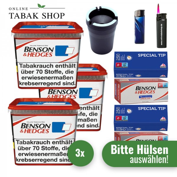 Benson & Hedges Volumentabak Red (3 x 255g) + 1.000 Hülsen (nach Wahl) + 1 Sturmfeuerzeug + 1 Feuerzeug + 1 Auto Aschenbecher