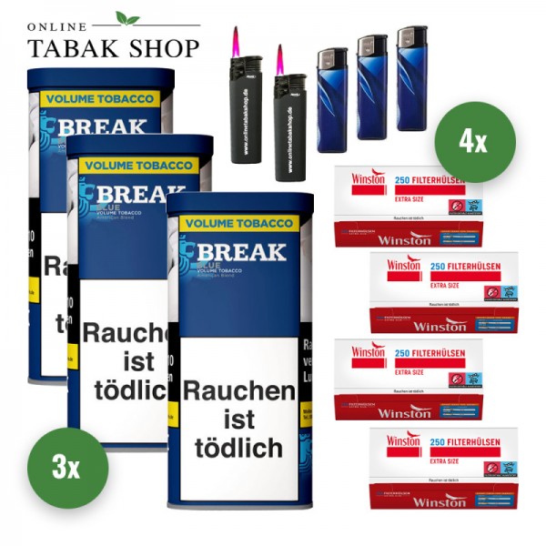 Break Blue / Blau Volumentabak (3 x 85g) + 1.000 Winston Extra Hülsen + 3 Feuerzeuge + 2 Sturmfeuerzeuge