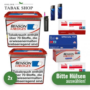 Benson & Hedges Volumentabak Red (2 x 255g) + 1.000 Hülsen (nach Wahl) + 1 Sturmfeuerzeug + 2 Feuerzeuge