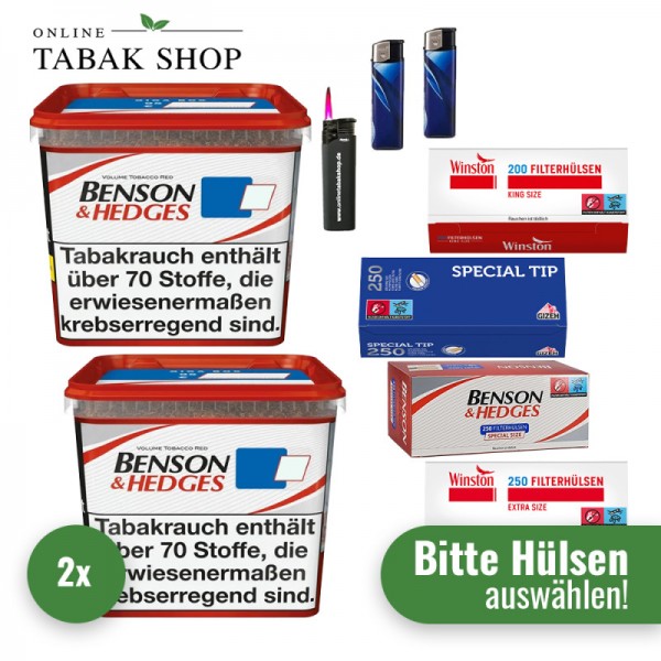 Benson & Hedges Volumentabak Red (2 x 255g) + 1.000 Hülsen (nach Wahl) + 1 Sturmfeuerzeug + 2 Feuerzeuge