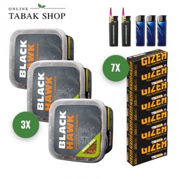 Black Hawk Volumentabak Mega Box (3 x 230g) + 1.400 Gizeh Full Flavor Extra Hülsen + 3 Feuerzeuge + 2 Sturmfeuerzeuge