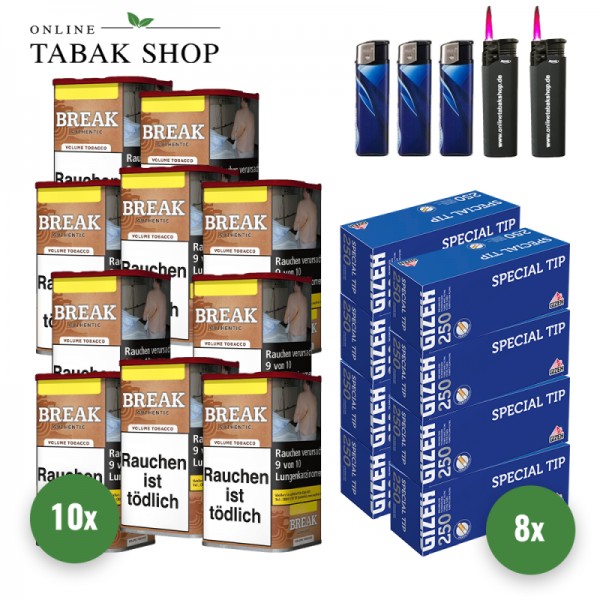 Break Authentic Volumentabak ohne Zusätze (10 x 57g) + 2.000 Gizeh Special Tip Hülsen + 3 Feuerzeuge + 2 Sturmfeuerzeuge