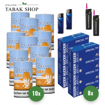 Farmer Pfeifentabak (10 x 160g) + 2.000 Gizeh Special Tip Hülsen + 2 Sturmfeuerzeuge + 2 Feuerzeuge