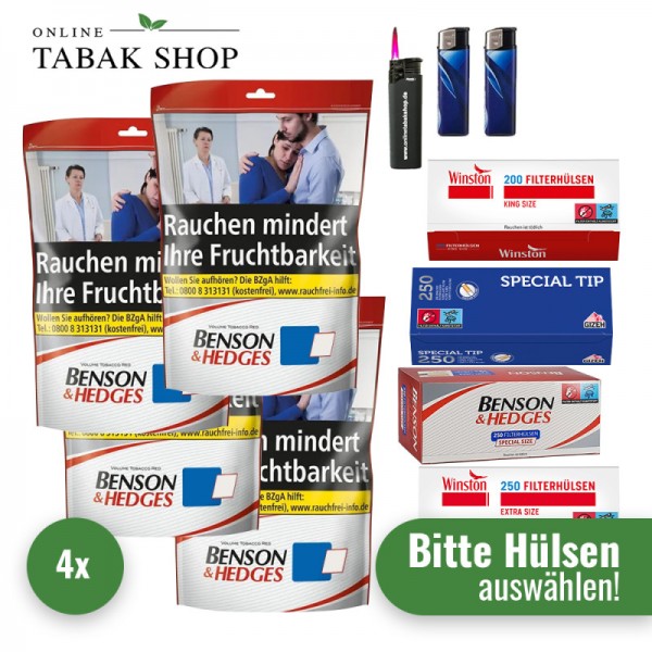 Benson & Hedges Volumentabak Red (4 x 135g) + 1.000 Hülsen (nach Wahl) + 1 Sturmfeuerzeug + 2 Feuerzeuge