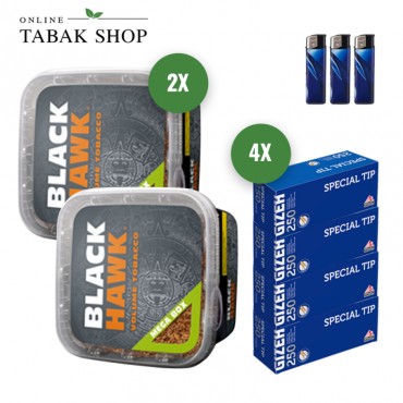 Black Hawk MEGA BOX Volumentabak (2 x 230g) + 1.000 GIZEH Special Tip Hülsen + 3 Feuerzeuge