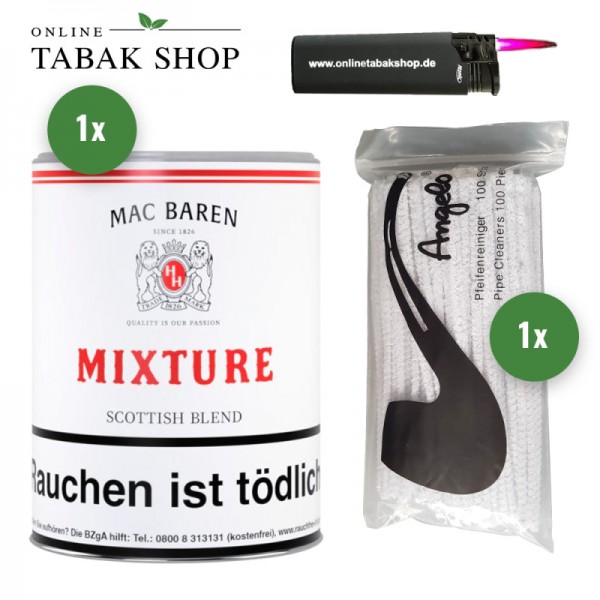 Mac Baren Mixture Scottish Blend (1x 250g) + 100 Pfeifenreiniger , 1 Sturmfeuerzeug