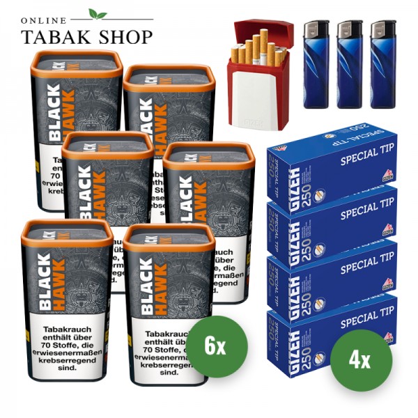Black Hawk Volumentabak (6 x 90g) + 1.000 Gizeh Special Tip Hülsen + 3 Feuerzeuge + Gizeh Etui