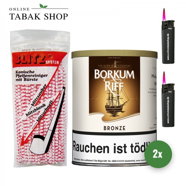 Borkum Riff Bronze Pfeifentabak (2x 200g) + 80 BLITZ Pfeifenreiniger + 2 Sturmfeuerzeuge