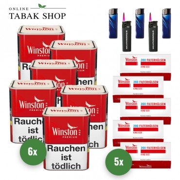 Winston Zigaretten Tabak Premium Red S (6 x 56g) + 1.000 Winston Hülsen + 3 Feuerzeuge + 2 Sturmfeuerzeuge