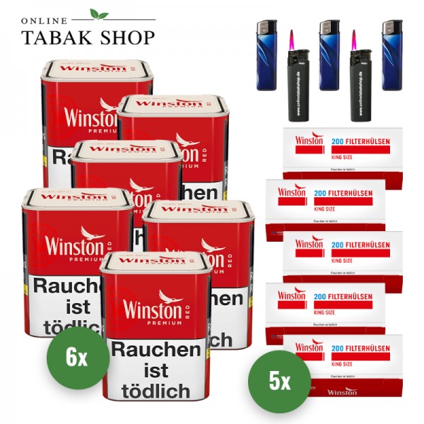 Winston Zigaretten Tabak Premium Red S (6 x 56g) + 1.000 Winston Hülsen + 3 Feuerzeuge + 2 Sturmfeuerzeuge
