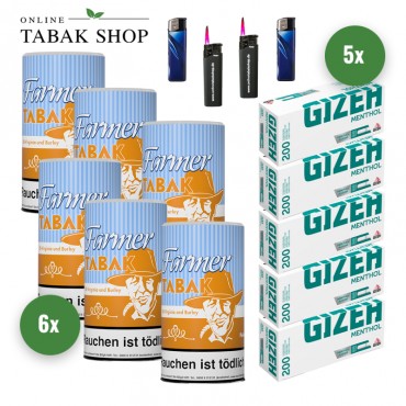 Farmer Tabak / Pfeifentabak (6 x 160g) + 1.000 Gizeh Menthol Hülsen + 2 Sturmfeuerzeuge + 2 Feuerzeuge