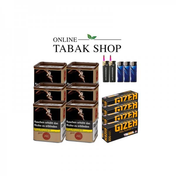 Lucky Strike Origins USA Red (6 x 64g) + 800 Gizeh Full Flavor Extra Hülsen + 3 Feuerzeuge + 2 Sturmfeuerzeuge