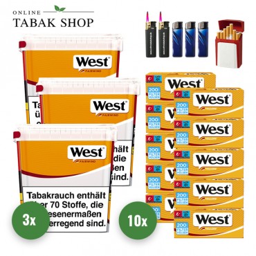 West Yellow Volumen Tabak (3 x 235g) + 2.000 West Yellow Hülsen + 2 Sturmfeuerzeuge + 3 Feuerzeuge + 1 Gizeh Etui