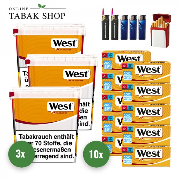 West Yellow Volumen Tabak (3 x 235g) + 2.000 West Yellow Hülsen + 2 Sturmfeuerzeuge + 3 Feuerzeuge + 1 Gizeh Etui