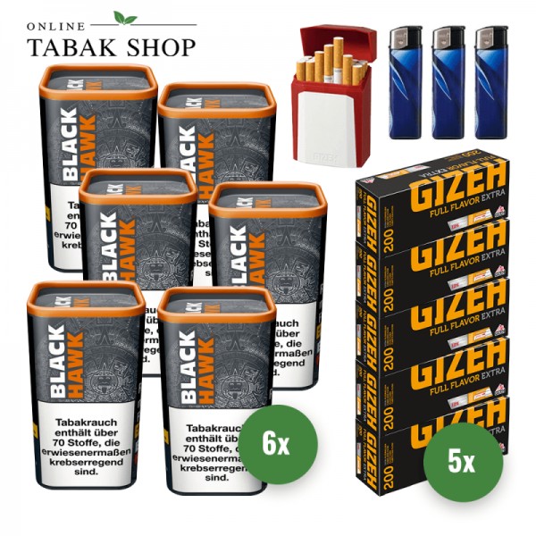 Black Hawk Volumentabak (6 x 90g) + 1.000 Gizeh Full Flavor Extra Hülsen + 3 Feuerzeuge + Gizeh Etui