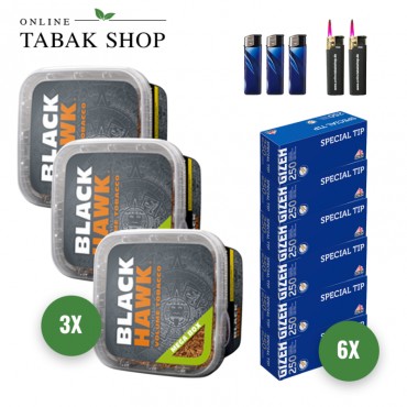 Black Hawk Volumentabak MEGA BOX (3 x 230g) + 1.500 GIZEH Special Tip Hülsen + 3 Feuerzeuge + 2 Sturmfeuerzeuge