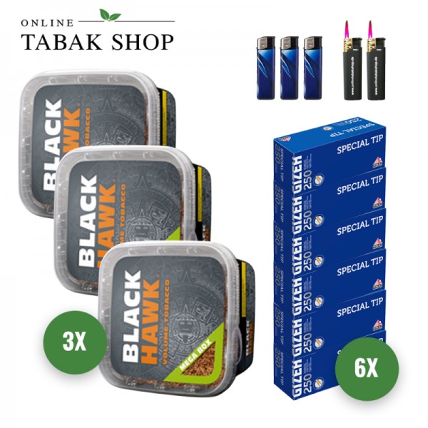 Black Hawk Volumentabak MEGA BOX (3 x 230g) + 1.500 GIZEH Special Tip Hülsen + 3 Feuerzeuge + 2 Sturmfeuerzeuge