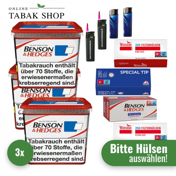 Benson & Hedges Volumentabak Red (3 x 255g) + 2.000 Hülsen (nach Wahl) + 2 Sturmfeuerzeuge + 2 Feuerzeuge
