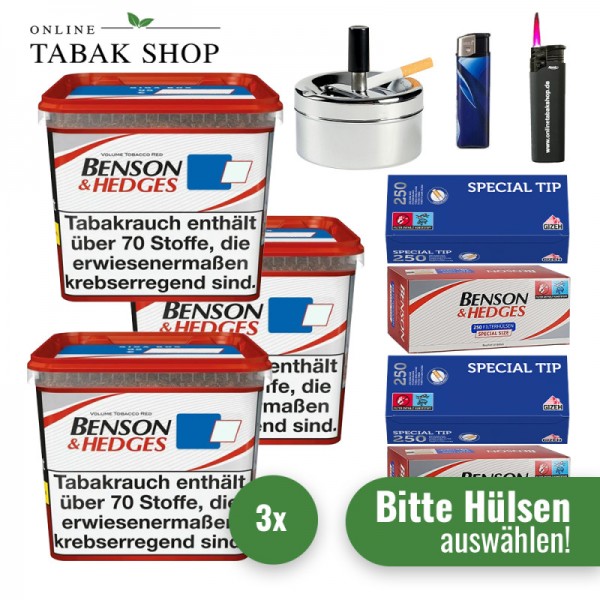 Benson & Hedges Volumentabak Red (3 x 255g) + 1.000 Hülsen (nach Wahl) + 1 Sturmfeuerzeug + 1 Feuerzeug + 1 Dreh Aschenbecher