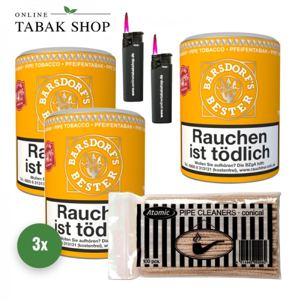 Käpt'n Barsdorf´s Bester Pfeifentabak (nach Wahl) (3 x 160g) + 100 Pfeifenreiniger + 2 Sturmfeuerzeuge