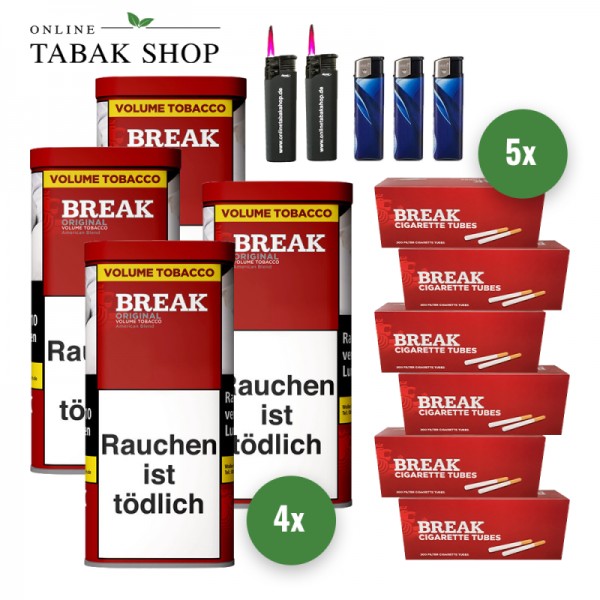 BREAK Original Tabak (4 x 85g) + 1.000 BREAK Hülsen + 2 Sturmfeuerzeuge + 3 Feuerzeuge