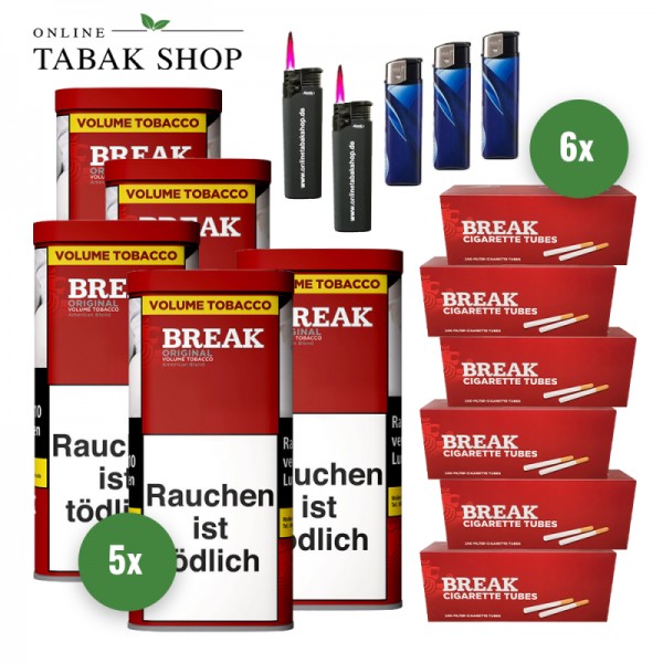 BREAK Original Tabak (5 x 85g) + 1.200 BREAK Hülsen + 2 Sturmfeuerzeuge + 3 Feuerzeuge