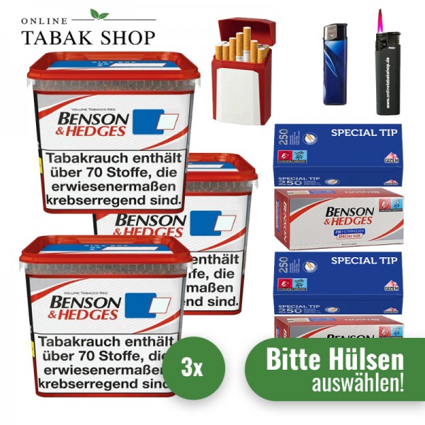 Benson & Hedges Volumentabak Red (3 x 255g) + 1.000 Hülsen (nach Wahl) + 1 Sturmfeuerzeug + 1 Feuerzeug + 1 Gizeh Etui