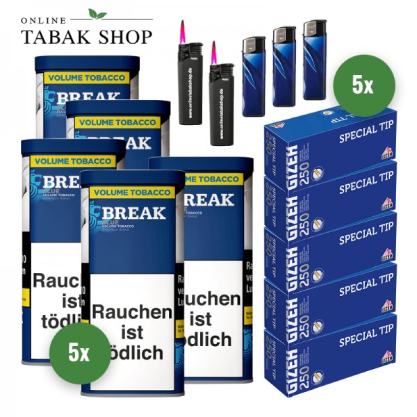 Break Blue / Blau Volumentabak (5 x 85g) + 1.250 Gizeh Special Tip Hülsen + 3 Feuerzeuge + 2 Sturmfeuerzeuge