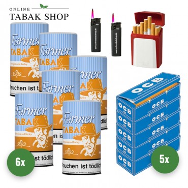 Farmer Tabak / Pfeifentabak Dose (6x 160g), 1.000 OCB Hülsen, 2 Sturmfeuerzeuge, 1 Gizeh Etui