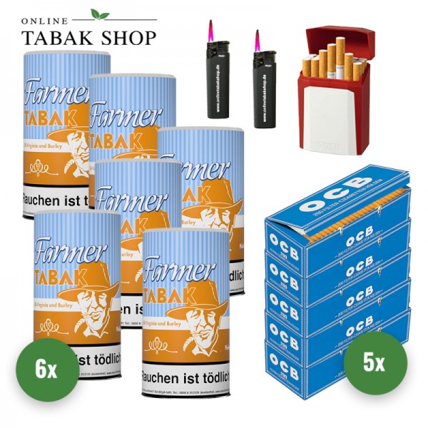 Farmer Tabak / Pfeifentabak Dose (6x 160g), 1.000 OCB Hülsen, 2 Sturmfeuerzeuge, 1 Gizeh Etui