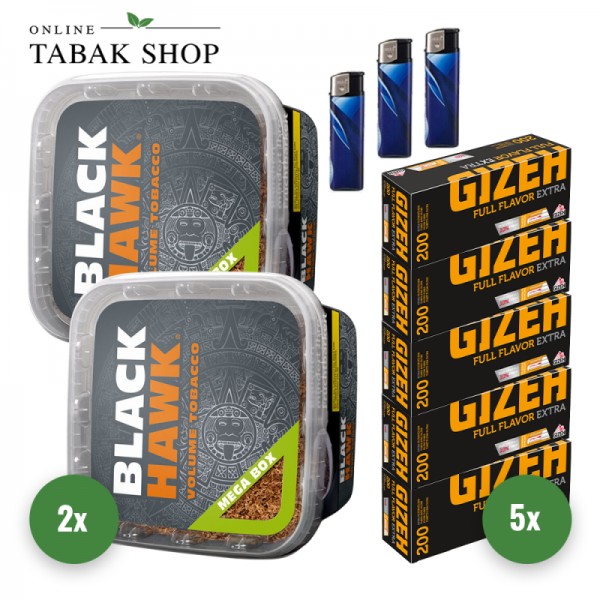 Black Hawk Mega Box Volumentabak (2 x 230g) + 1.000 Gizeh Full Flavor Extra Hülsen + 3 Feuerzeuge