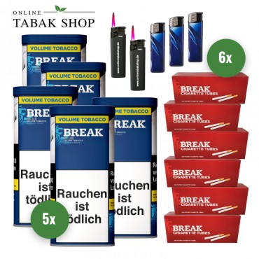 Break Blue / Blau Volumentabak (5 x 85g), 1.200 Break Hülsen, 3 Feuerzeuge, 2 Sturmfeuerzeuge