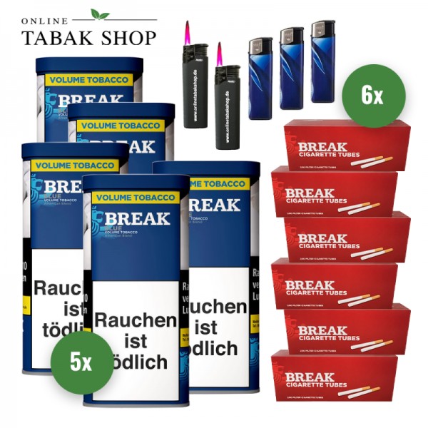 Break Blue / Blau Volumentabak (5 x 85g), 1.200 Break Hülsen, 3 Feuerzeuge, 2 Sturmfeuerzeuge