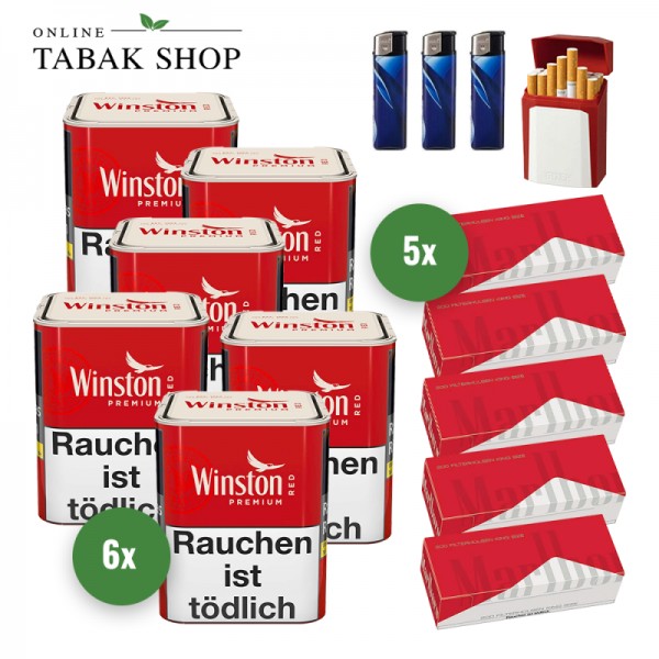 Winston Zigaretten Tabak Premium Red S (6 x 56g) + 1.000 Marlboro Red Hülsen + 3 Feuerzeuge + 1 Gizeh Etui