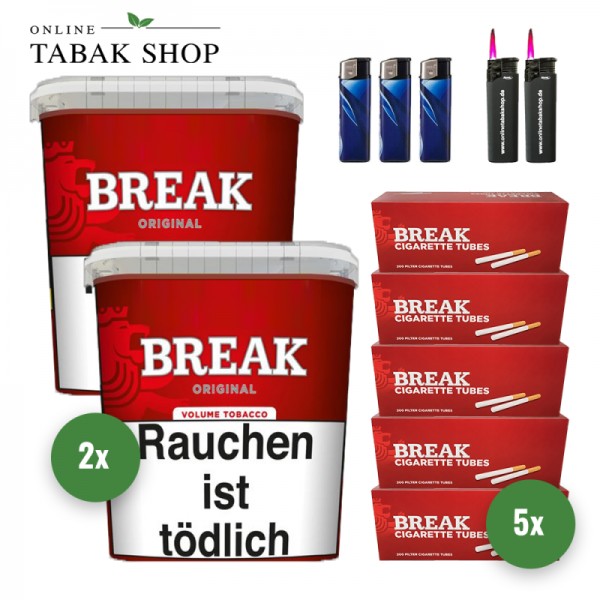 Break Original Volumentabak (2 x 195g) + 1.000 Break Hülsen + 3 Feuerzeuge + 2 Sturmfeuerzeuge