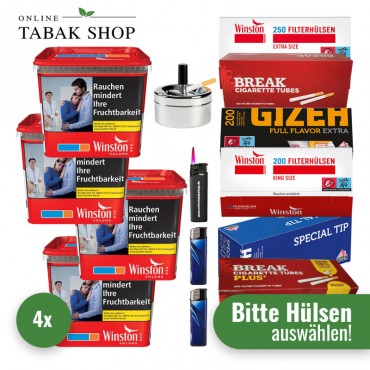 Winston Red Titan Tabak (4 x 270g) + 2.000 Hülsen (wählbar) + 1 Sturmfeuerzeug + 2 Feuerzeuge + Aschenbecher Chrom 9cm