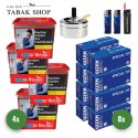 Winston Red Titan Tabak (4 x 270g) + 2.000 Hülsen (wählbar) + 1 Sturmfeuerzeug + 2 Feuerzeuge + Aschenbecher Chrom 9cm