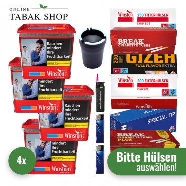 Winston Red Titan Tabak (4 x 270g) + 2.000 Hülsen (wählbar) + 1 Sturmfeuerzeug + 2 Feuerzeuge + Coney KFZ-Ascher