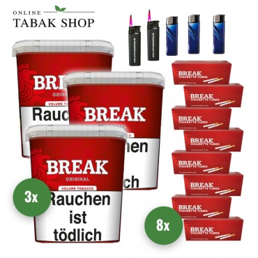 Break Original Volumentabak (3 x 195g) + 1.600 Break Hülsen + 3 Feuerzeuge + 2 Sturmfeuerzeuge