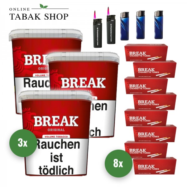 Break Original Volumentabak (3 x 195g) + 1.600 Break Hülsen + 3 Feuerzeuge + 2 Sturmfeuerzeuge