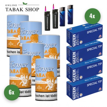 Farmer Pfeifentabak (6 x 160g) + 1.000 Gizeh Special Tip Hülsen + 2 Sturmfeuerzeuge + 2 Feuerzeuge