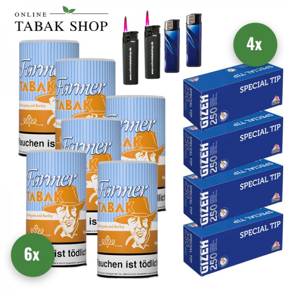 Farmer Pfeifentabak (6 x 160g) + 1.000 Gizeh Special Tip Hülsen + 2 Sturmfeuerzeuge + 2 Feuerzeuge