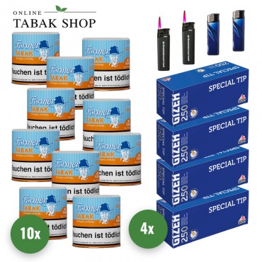 Farmer Tabak / Pfeifentabak (10 x 50g) + 1.000 GIZEH Special Tip Hülsen + 2 Sturmfeuerzeuge + 2 Feuerzeuge