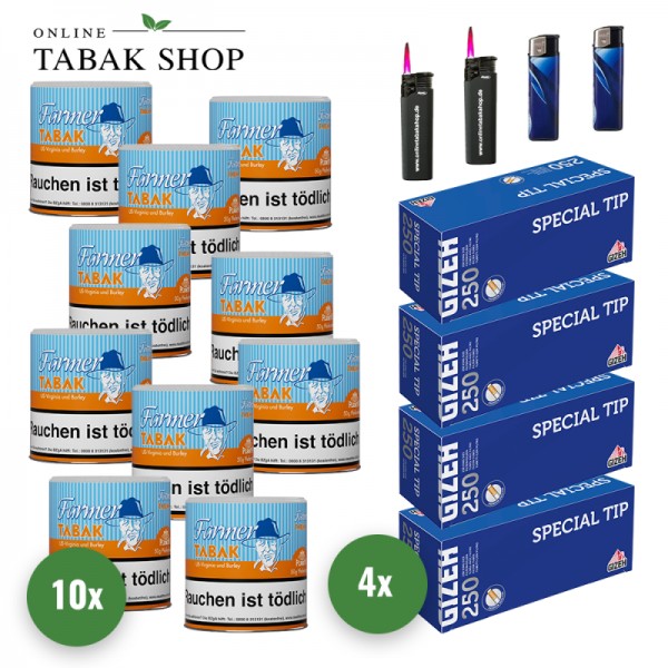 Farmer Tabak / Pfeifentabak (10 x 50g) + 1.000 GIZEH Special Tip Hülsen + 2 Sturmfeuerzeuge + 2 Feuerzeuge