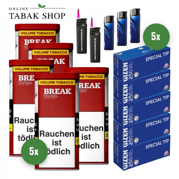 BREAK Original Tabak (5 x 85g) + 1.250 GIZEH Special Tip Hülsen + 2 Sturmfeuerzeuge + 3 Feuerzeuge