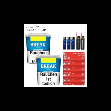 Break Blue Tabak (2 x 195g) + 1.250 Gizeh Special Tip Extra Hülsen + 3 Feuerzeuge + 2 Sturmfeuerzeuge