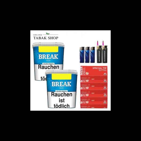 Break Blue Tabak (2 x 195g) + 1.250 Gizeh Special Tip Extra Hülsen + 3 Feuerzeuge + 2 Sturmfeuerzeuge